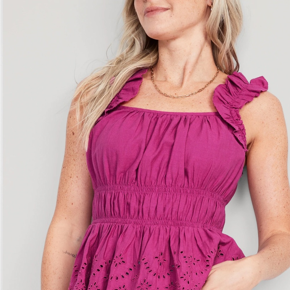 Sleeveless Waist-Defined Ruffle-Trimmed Embroidered Babydoll Blouse Dragon Fruit - Picture 4 of 9